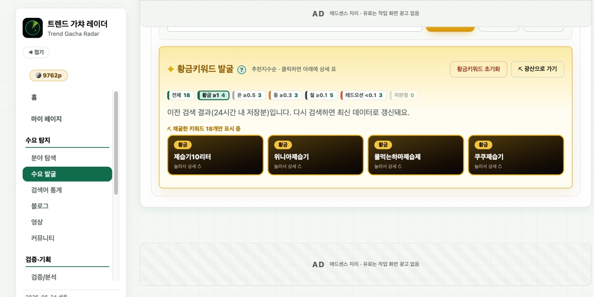 황금키워드 발굴 결과 · 등급 배지와 검색량·문서수·추천지수